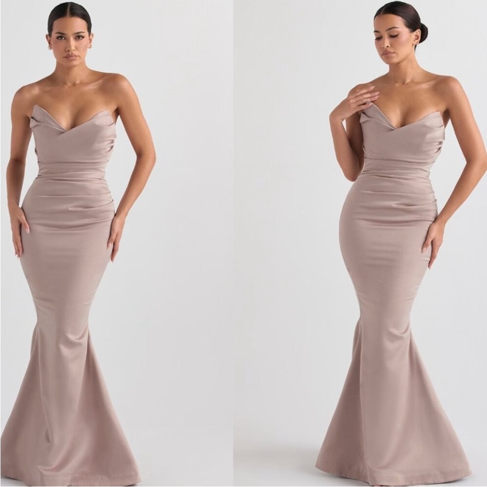 HOUSE OF CB 'Fleur' Mushroom Satin Strapless Gown NWOT